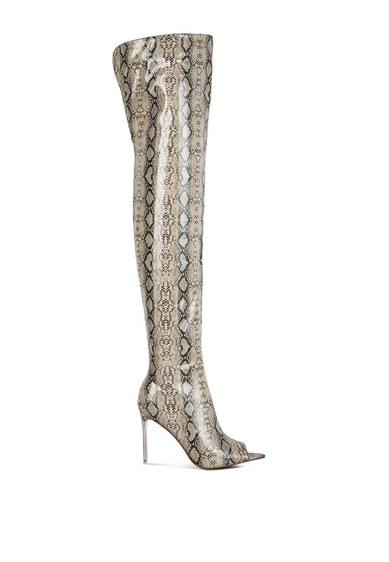 Fierce Snake Print Stiletto Knee Boots