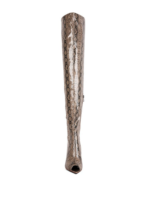 Fierce Snake Print Stiletto Knee Boots