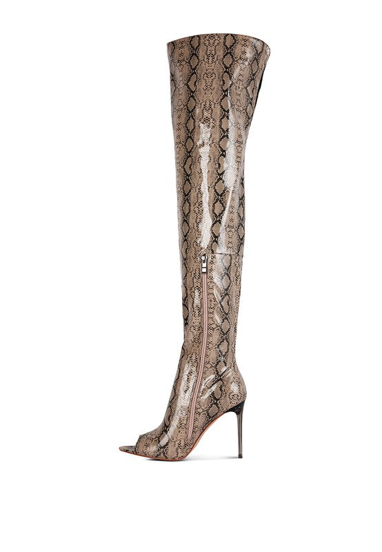 Fierce Snake Print Stiletto Knee Boots