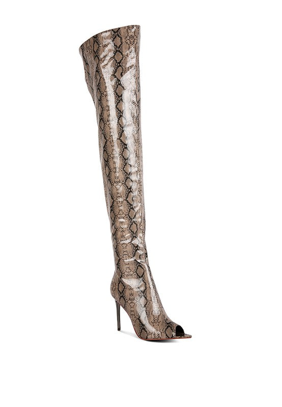 Fierce Snake Print Stiletto Knee Boots