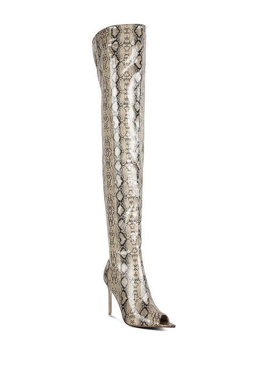 Fierce Snake Print Stiletto Knee Boots